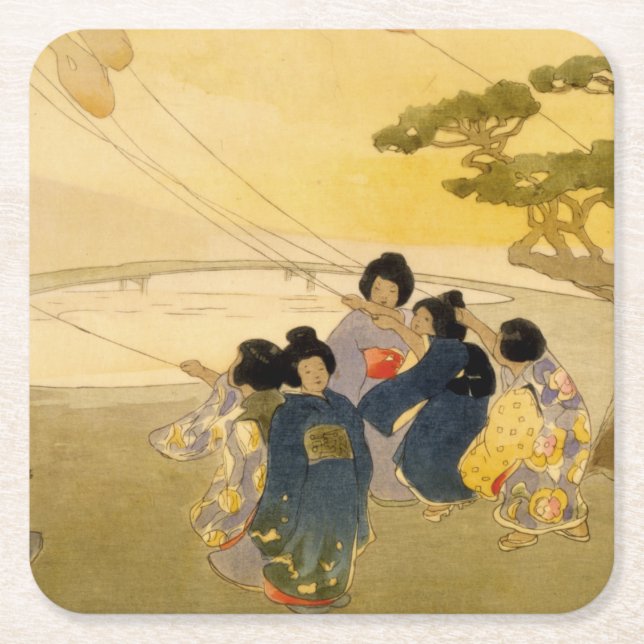 Japanese Children Flying Kites - Bertha Lum - 1913 Square Paper Coaster (Front)