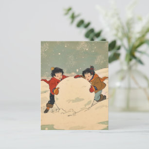 Japanese children rolling big snow ball postcard