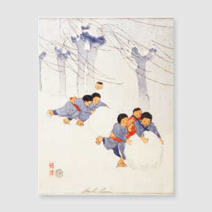 Japanese children rolling large snow balls