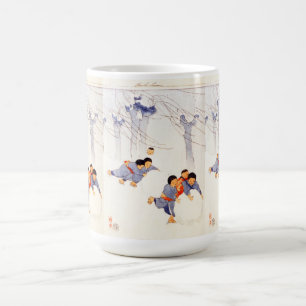 Japanese children rolling large snow balls   coffee mug