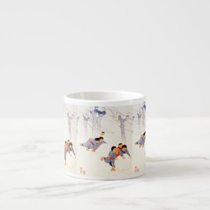 Japanese children rolling large snow balls   espresso cup