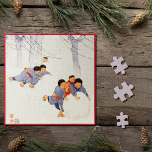 Japanese children rolling large snow balls  jigsaw puzzle