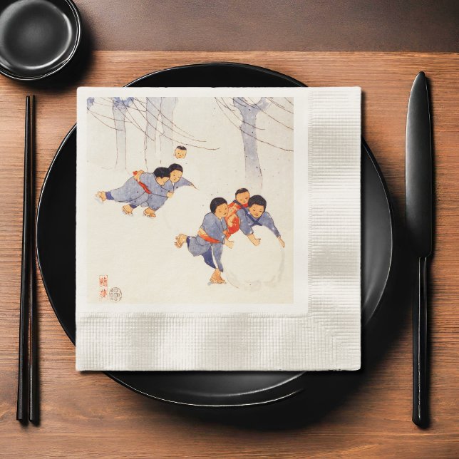Japanese children rolling large snow balls napkin (Creator Uploaded)