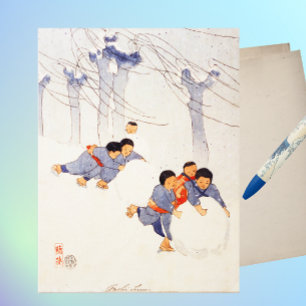 Japanese children rolling large snow balls postcard