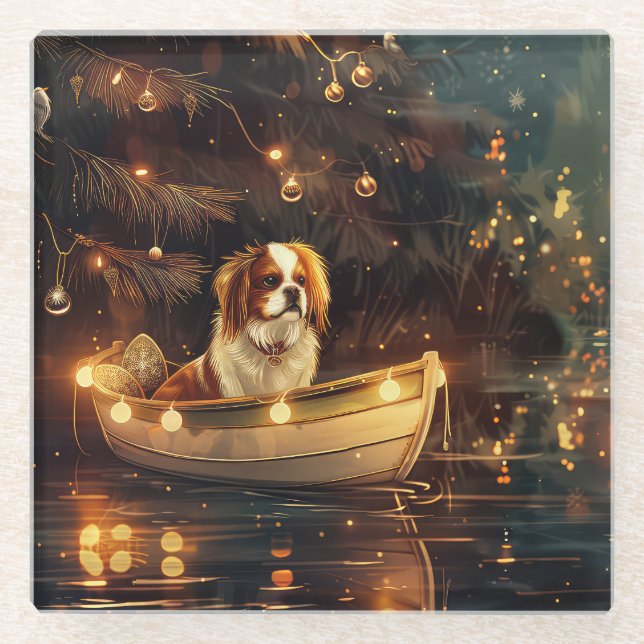 Japanese Chin Christmas Festive Voyage  Glass Coaster (Front)