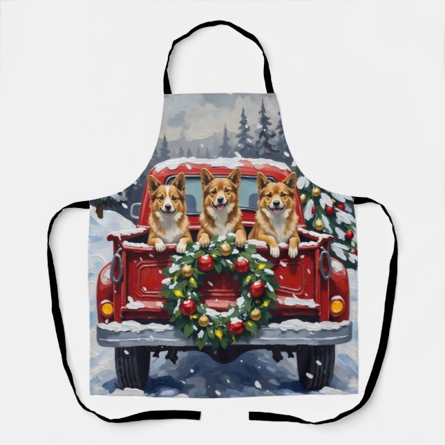 Japanese Chin Christmas Red Truck Holiday Apron (Front)