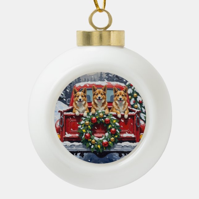 Japanese Chin Christmas Red Truck Holiday Ceramic Ball Christmas Ornament (Front)