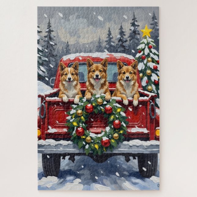 Japanese Chin Christmas Red Truck Holiday Jigsaw Puzzle (Vertical)