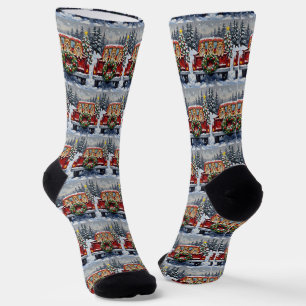 Japanese Chin Christmas Red Truck Holiday Socks