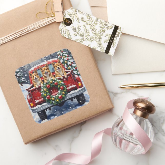 Japanese Chin Christmas Red Truck Holiday Square Sticker (Gifting)