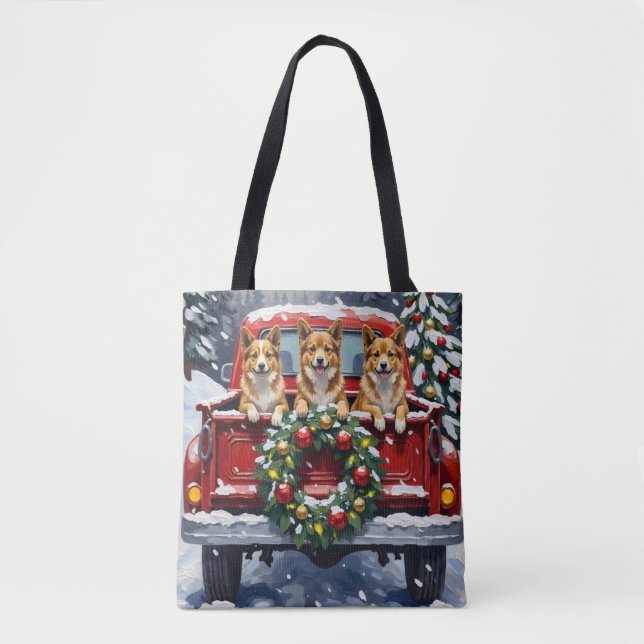 Japanese Chin Christmas Red Truck Holiday Tote Bag (Front)
