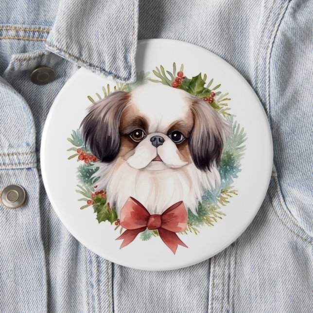 Japanese Chin Christmas Wreath Festive Pup 6 Cm Round Badge (In Situ)