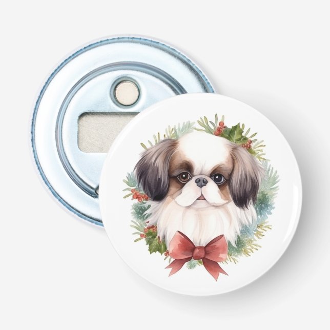 Japanese Chin Christmas Wreath Festive Pup Bottle Opener (Front)