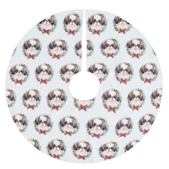 Japanese Chin Christmas Wreath Festive Pup Brushed Polyester Tree Skirt (Front)