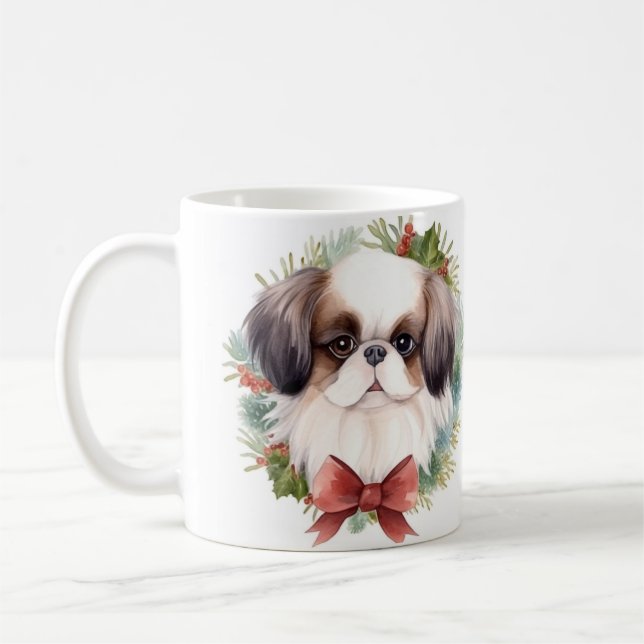 Japanese Chin Christmas Wreath Festive Pup Coffee Mug (Left)