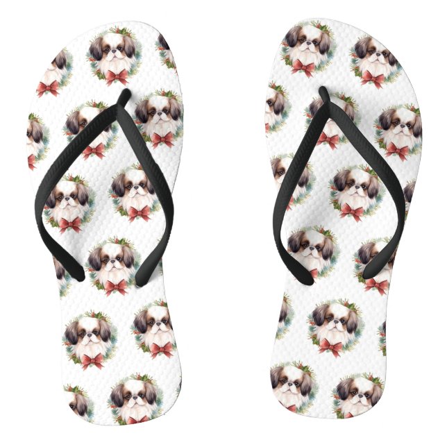 Japanese Chin Christmas Wreath Festive Pup Flip Flops (Footbed)
