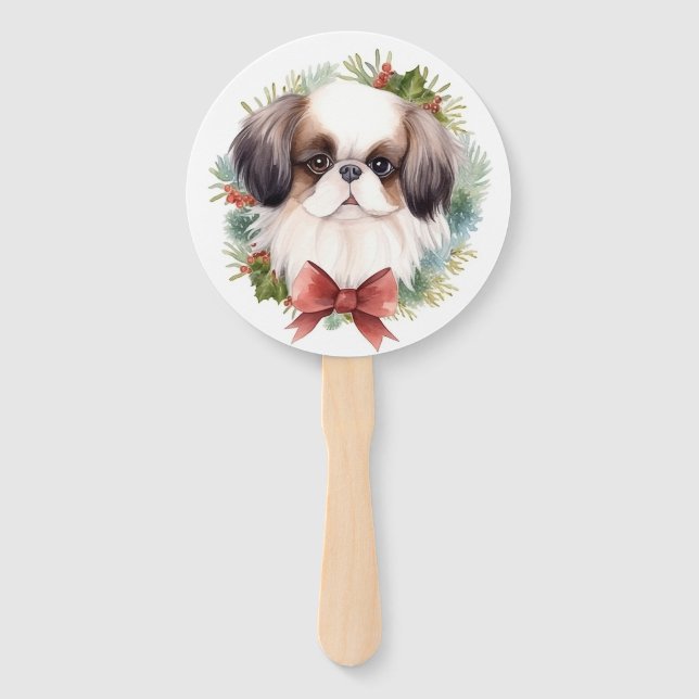 Japanese Chin Christmas Wreath Festive Pup Hand Fan (Back)