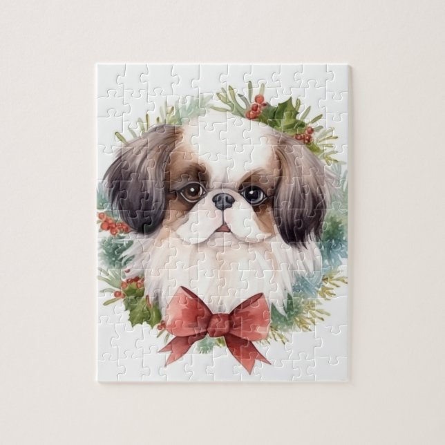 Japanese Chin Christmas Wreath Festive Pup Jigsaw Puzzle (Vertical)