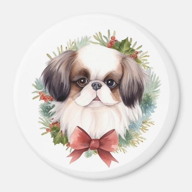 Japanese Chin Christmas Wreath Festive Pup Magnet (Front)