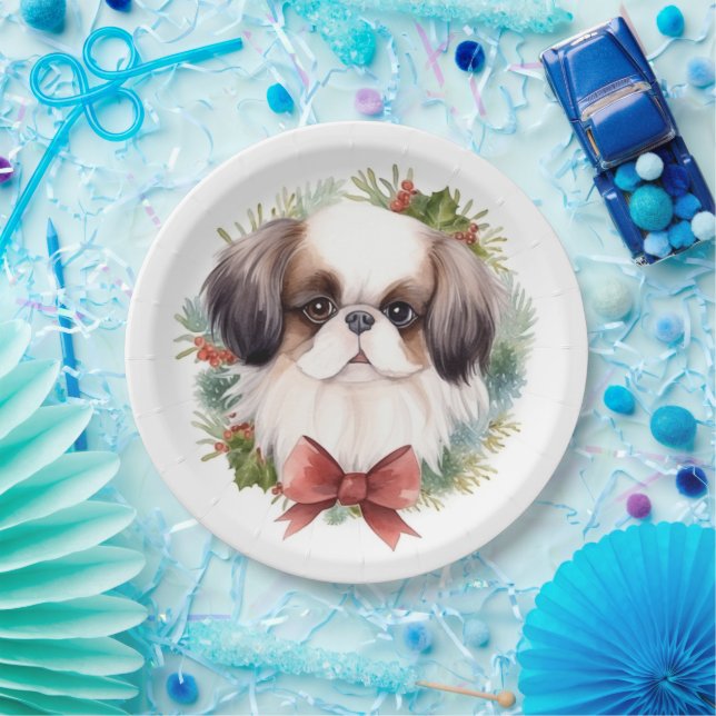 Japanese Chin Christmas Wreath Festive Pup Paper Plate (Party)