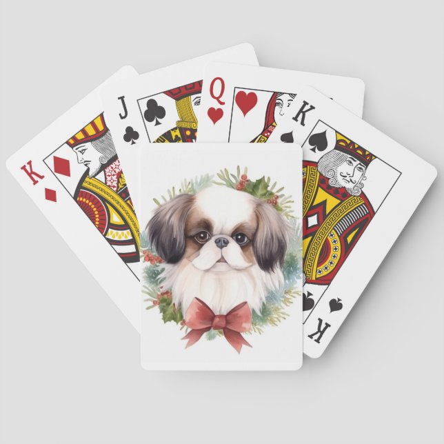 Japanese Chin Christmas Wreath Festive Pup Playing Cards (Back)