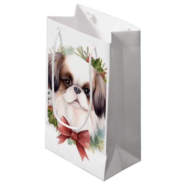 Japanese Chin Christmas Wreath Festive Pup Small Gift Bag (Front Angled)