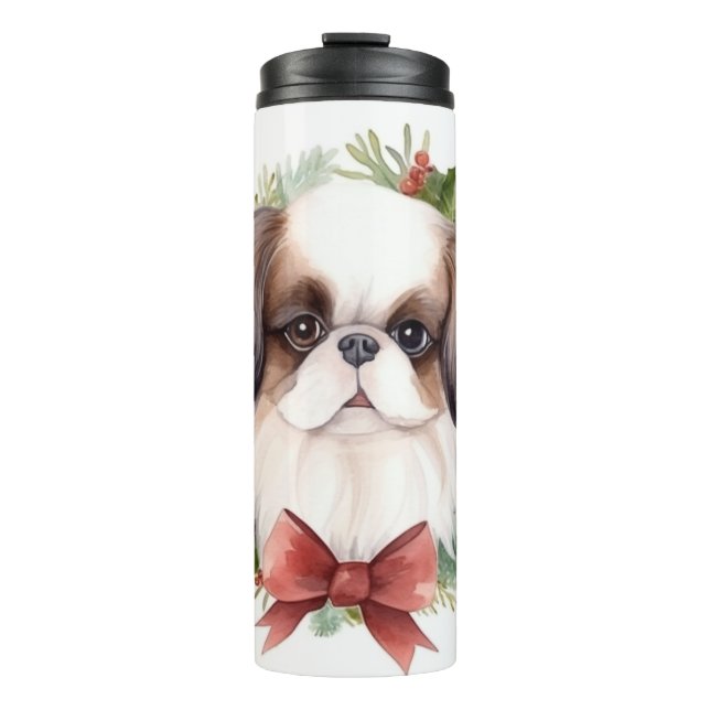 Japanese Chin Christmas Wreath Festive Pup Thermal Tumbler (Front)