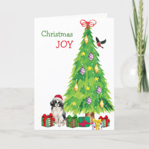 Japanese Chin Dog, Bird and Christmas Tree Holiday Card
