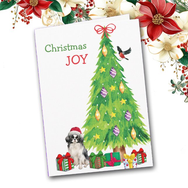 Japanese Chin Dog, Bird and Christmas Tree Holiday Card (Creator Uploaded)