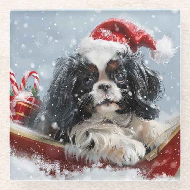 Japanese Chin Dog Christmas Festive Glass Coaster (Front)