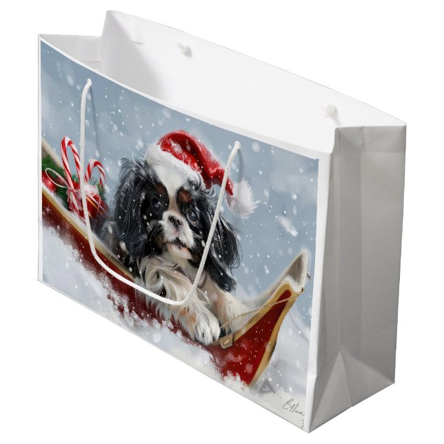 Japanese Chin Dog Christmas Festive Large Gift Bag (Front Angled)