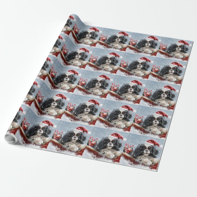 Japanese Chin Dog Christmas Festive Wrapping Paper (Unrolled)