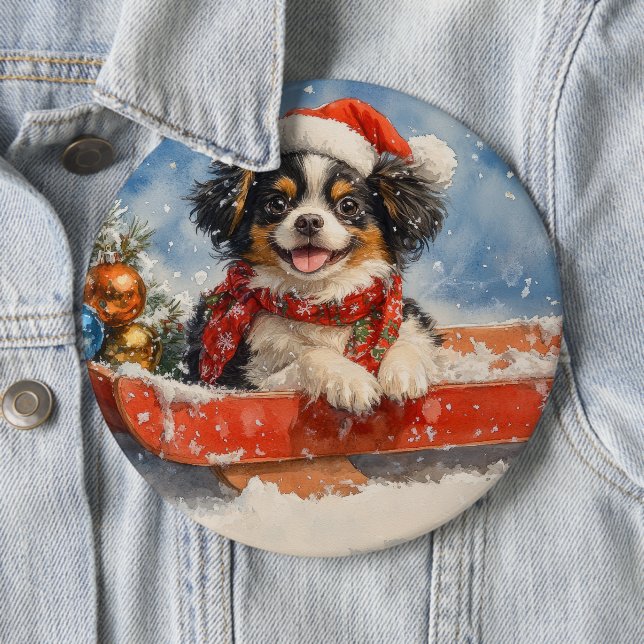 Japanese Chin Dog in Sledge Let it Snow Christmas 6 Cm Round Badge (In Situ)