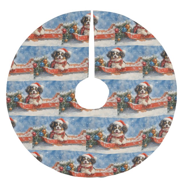 Japanese Chin Dog in Sledge Let it Snow Christmas Brushed Polyester Tree Skirt (Front)