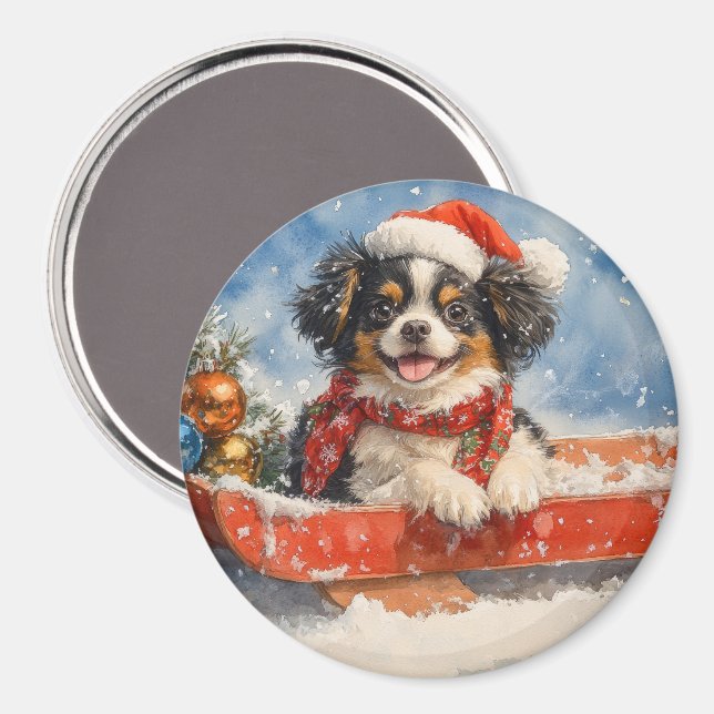Japanese Chin Dog in Sledge Let it Snow Christmas Magnet (Front/Back)
