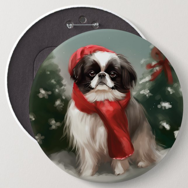 Japanese Chin Dog in Snow Christmas  6 Cm Round Badge (Front & Back)