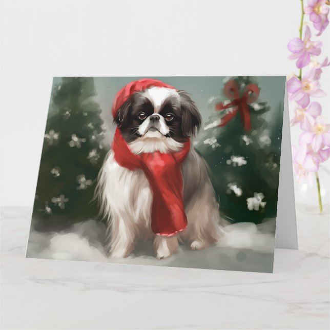 Japanese Chin Dog in Snow Christmas  Card (Orchid)