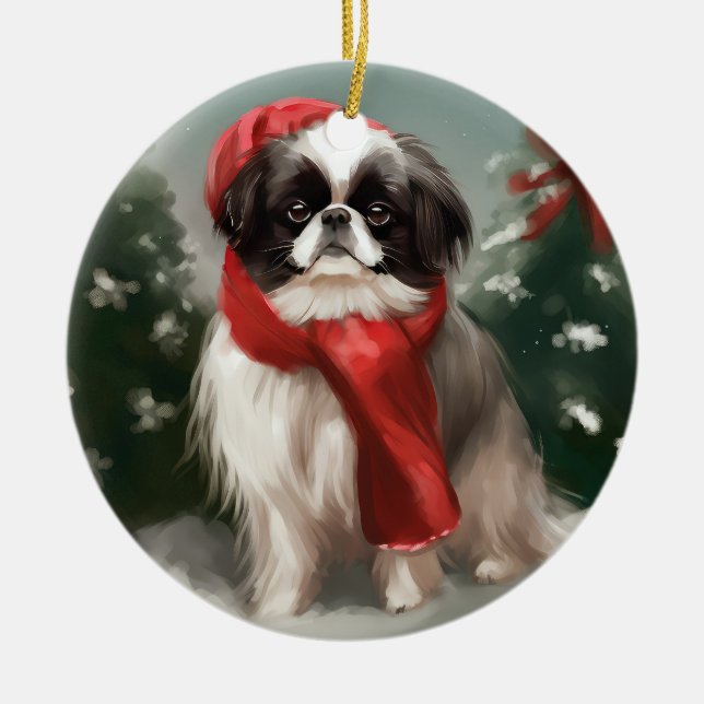 Japanese Chin Dog in Snow Christmas  Ceramic Tree Decoration (Front)