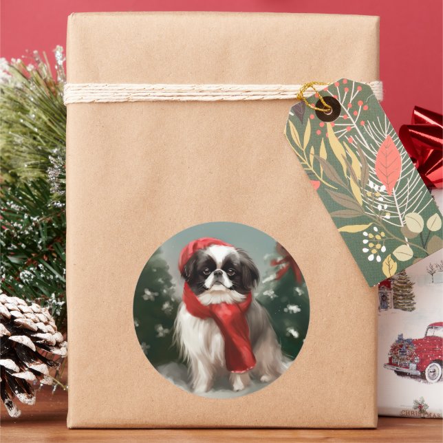 Japanese Chin Dog in Snow Christmas  Classic Round Sticker (Holiday)