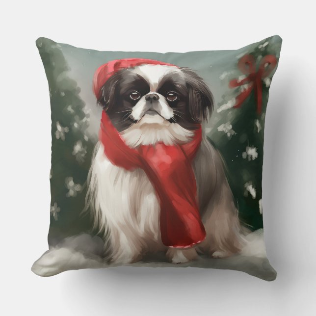 Japanese Chin Dog in Snow Christmas  Cushion (Front)