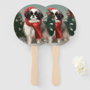Japanese Chin Dog in Snow Christmas  Hand Fan