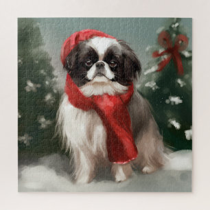 Japanese Chin Dog in Snow Christmas  Jigsaw Puzzle