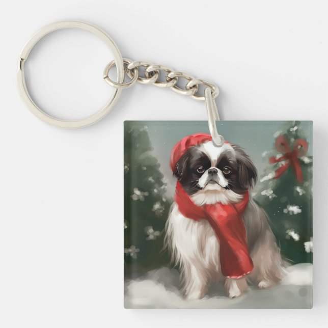 Japanese Chin Dog in Snow Christmas  Key Ring (Front)