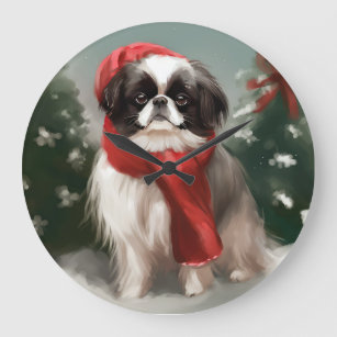 Japanese Chin Dog in Snow Christmas  Large Clock