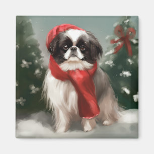 Japanese Chin Dog in Snow Christmas Magnet