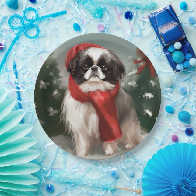 Japanese Chin Dog in Snow Christmas  Paper Plate (Party)