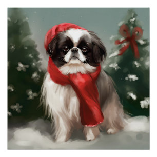 Japanese Chin Dog in Snow Christmas Poster