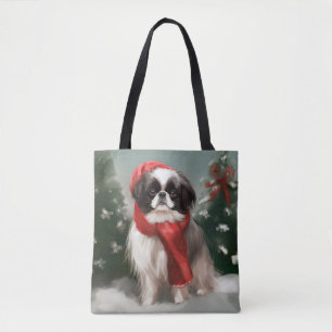 Japanese Chin Dog in Snow Christmas Tote Bag