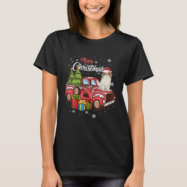 Japanese Chin Dog on Red Truck Merry Christmas T-Shirt (Front)