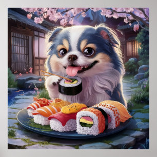 Japanese Chin Dog Puppy Eating Sushi Poster